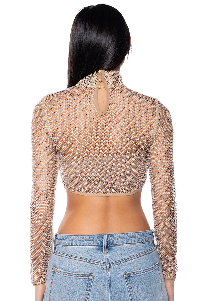 KEEP ME BODIED EMBELLISHED HIGH NECK CROP TOP IN BEIGE MULTI