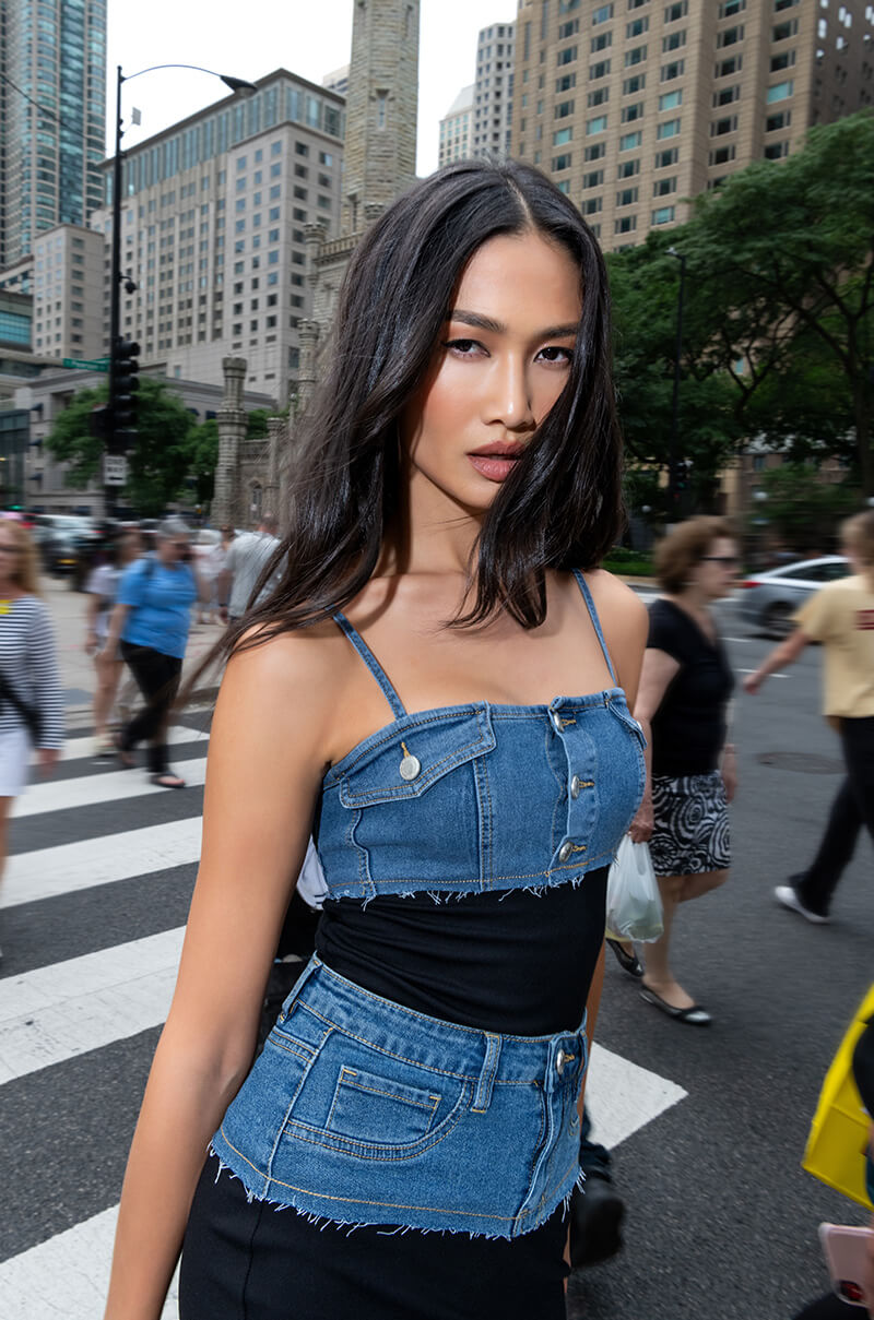 HOLLYWOOD DREAMS DENIM AND COTTON TUBE TOP