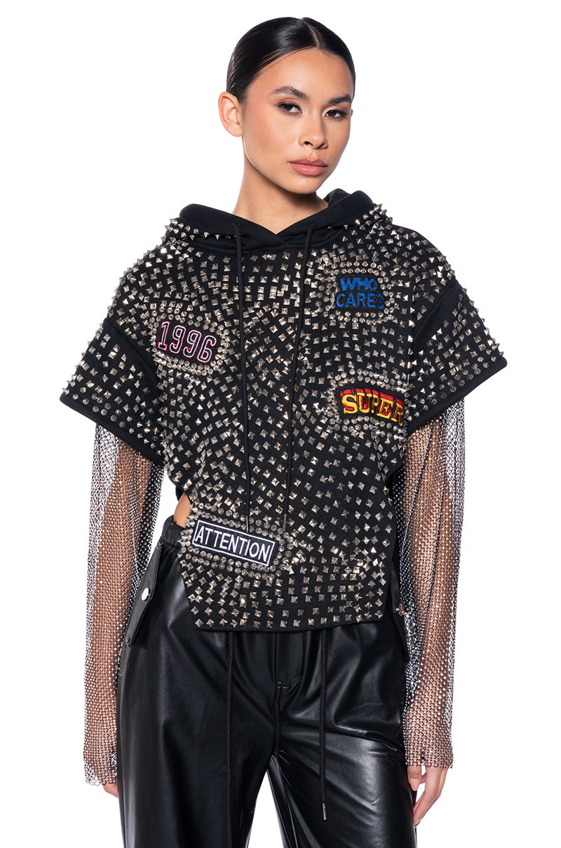 QUEEN OF HEARTBREAK STUDDED RHINESTONE SLEEVE SWEATSHIRT