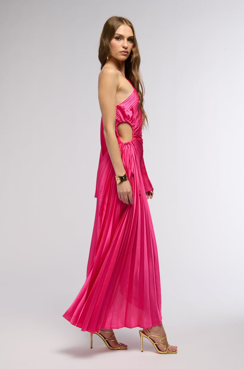 IM THAT GIRL SATIN MIDI DRESS IN NEON PINK