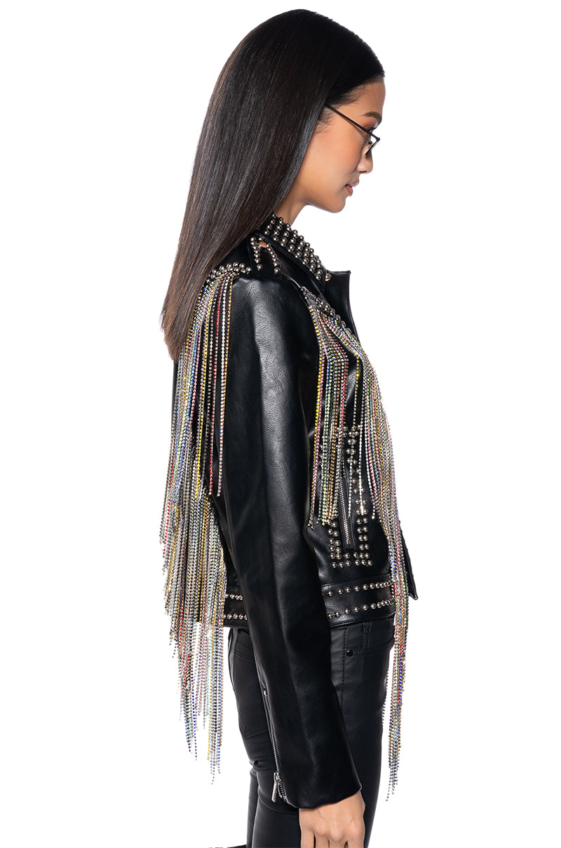 TAKE A CHANCE ON ME RHINESTONE FRINGE MOTO