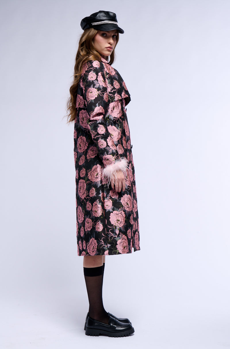 MOMMA IS ALWAYS RIGHT FLORAL TRENCH WITH FEATHERS