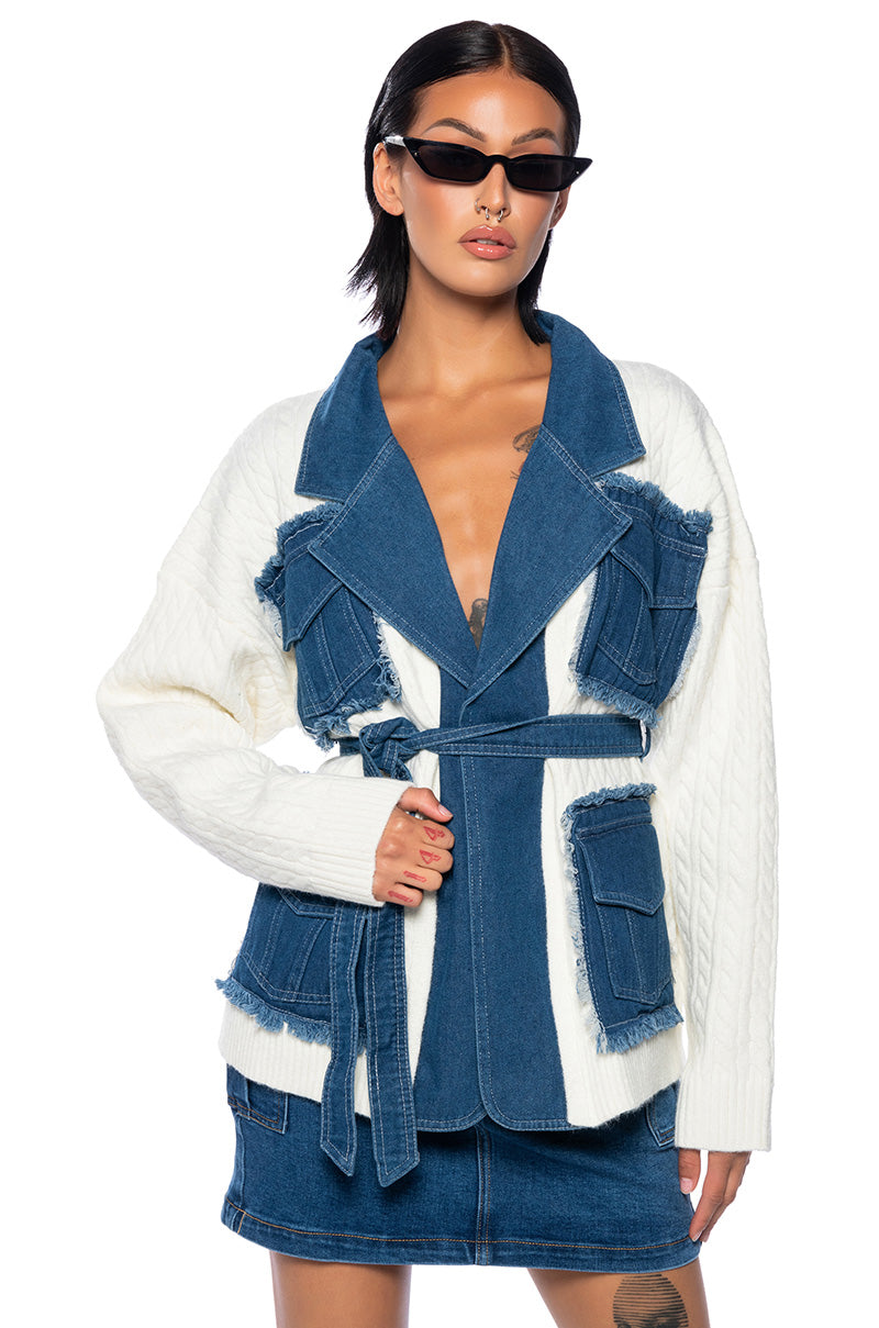 WORTHY OF LOVE CABLE KNIT TIE WAIST CARDIGAN