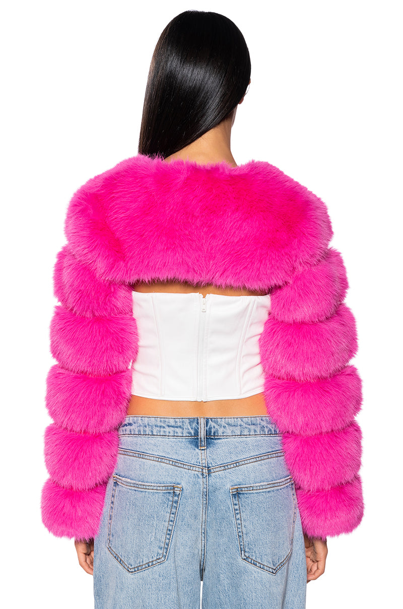 LADIES NIGHT ULTRA CROP FAUX FUR JACKET