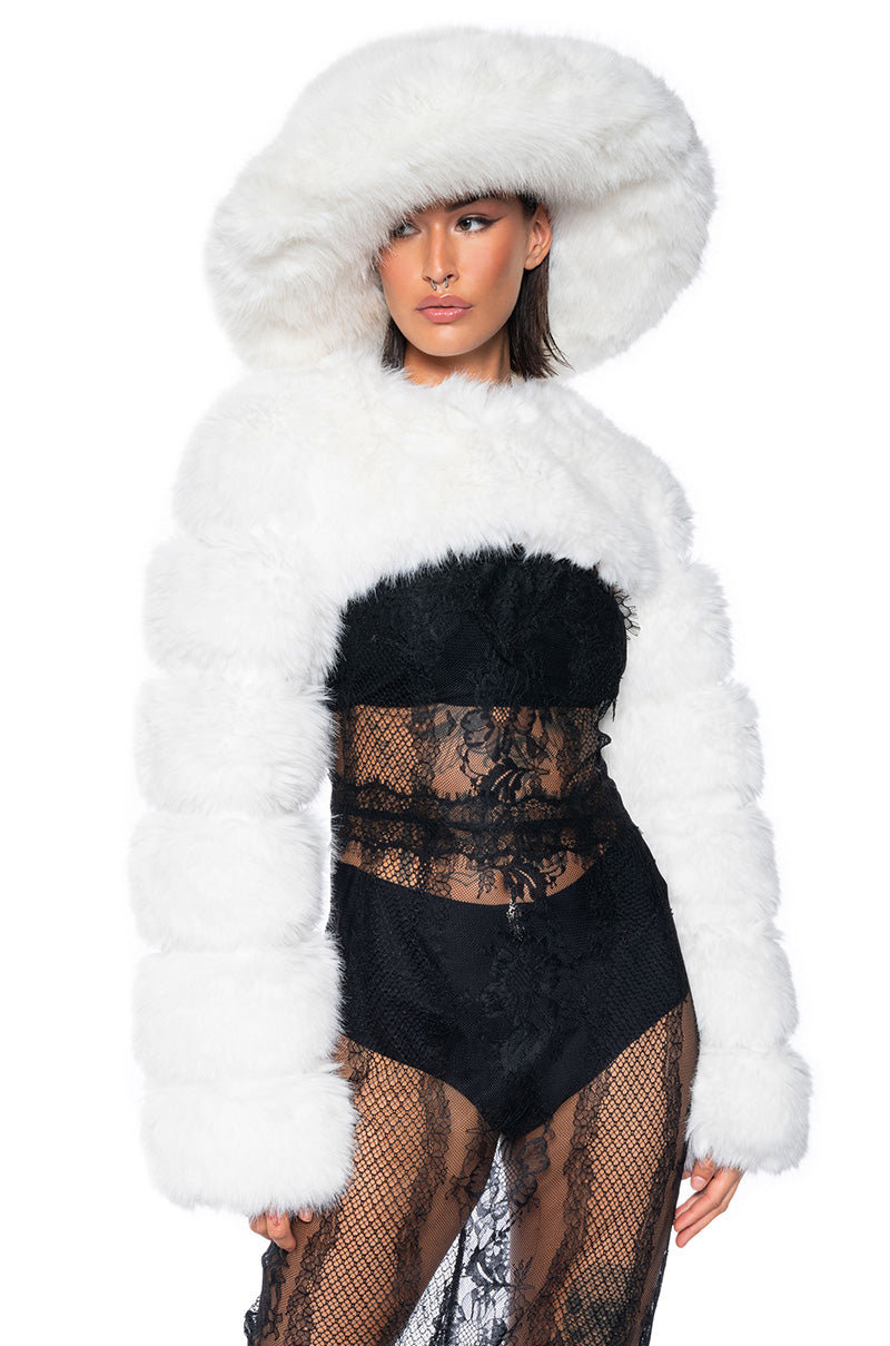 LADIES NIGHT ULTRA CROP FAUX FUR JACKET