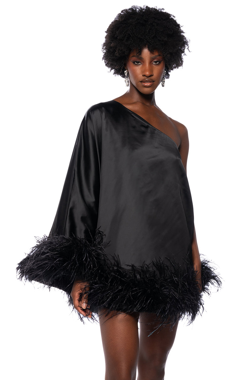 ISNT IT LOVELY ONE SHOULDER FEATHER HEM MINI DRESS IN BLACK