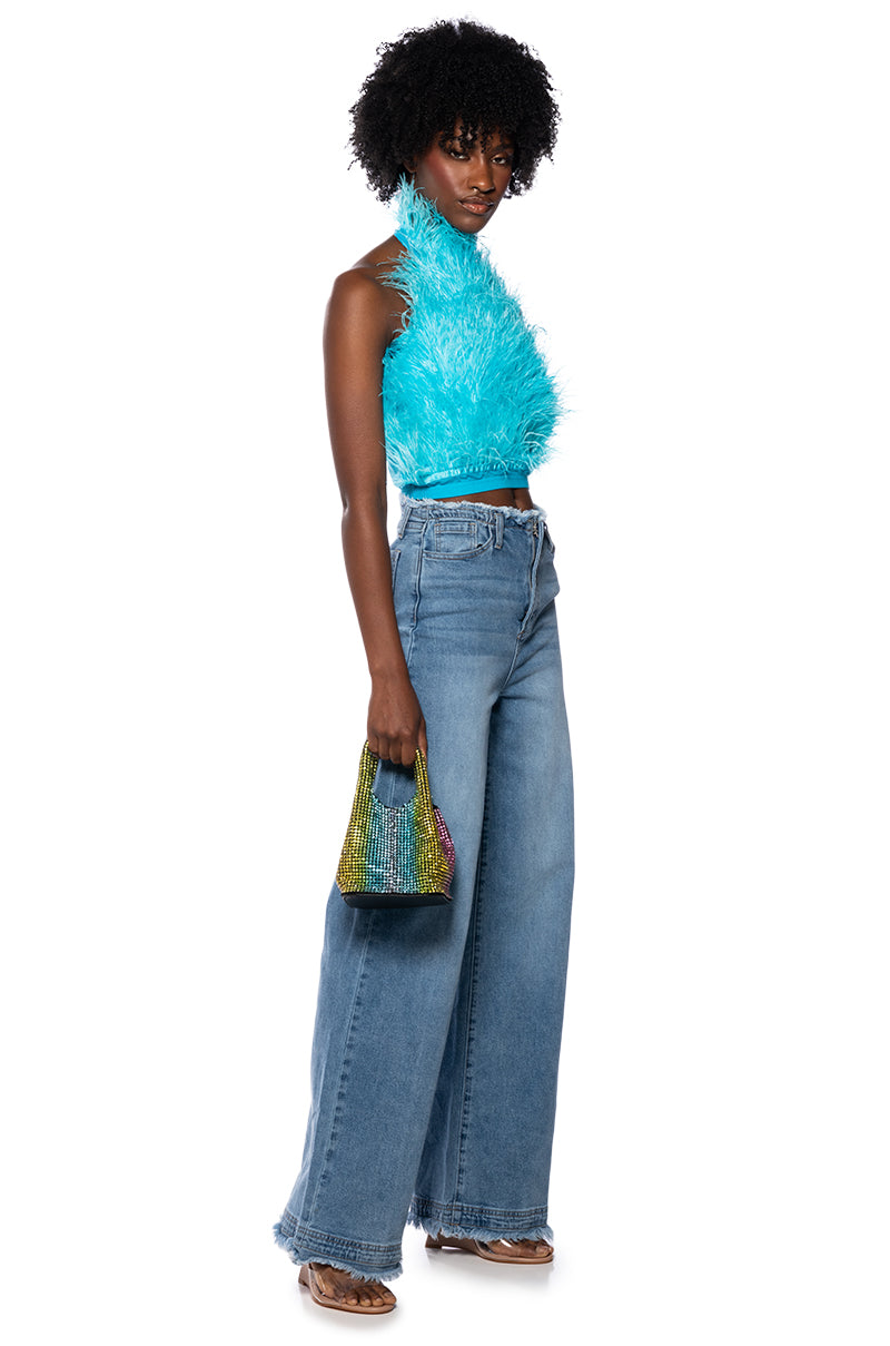 GENUINE OSTRICH FEATHER SLEEVELESS CROPPED HALTER BLOUSE IN BLUE