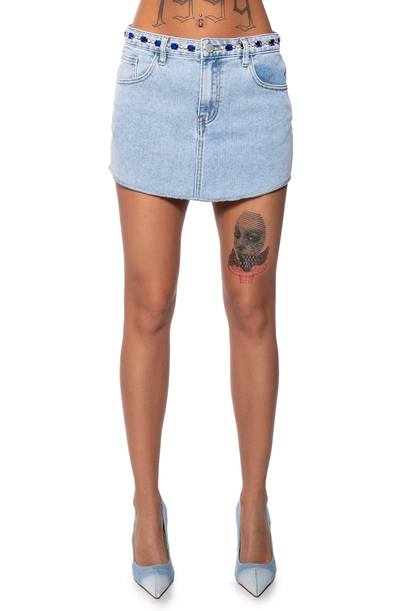 BLINGED OUT DENIM RAW HEM MINI SKIRT