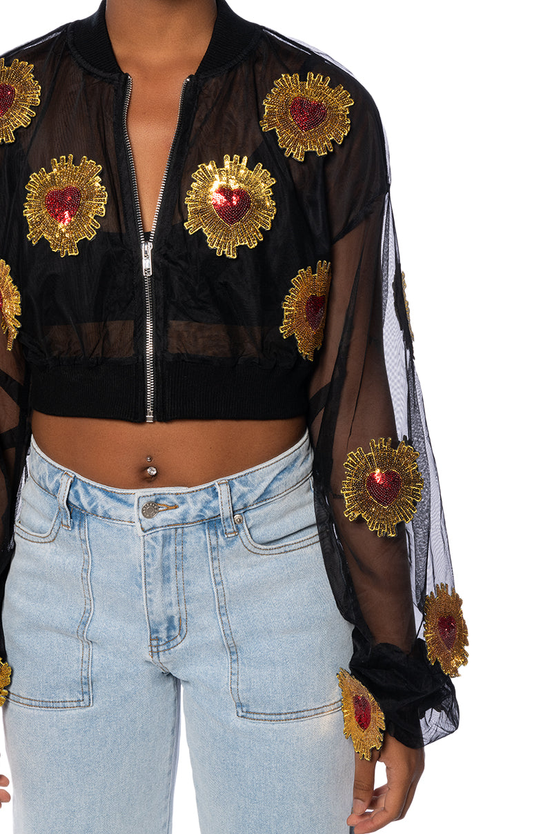 BELLA HEART EMBELLISHED MESH CROP BOMBER