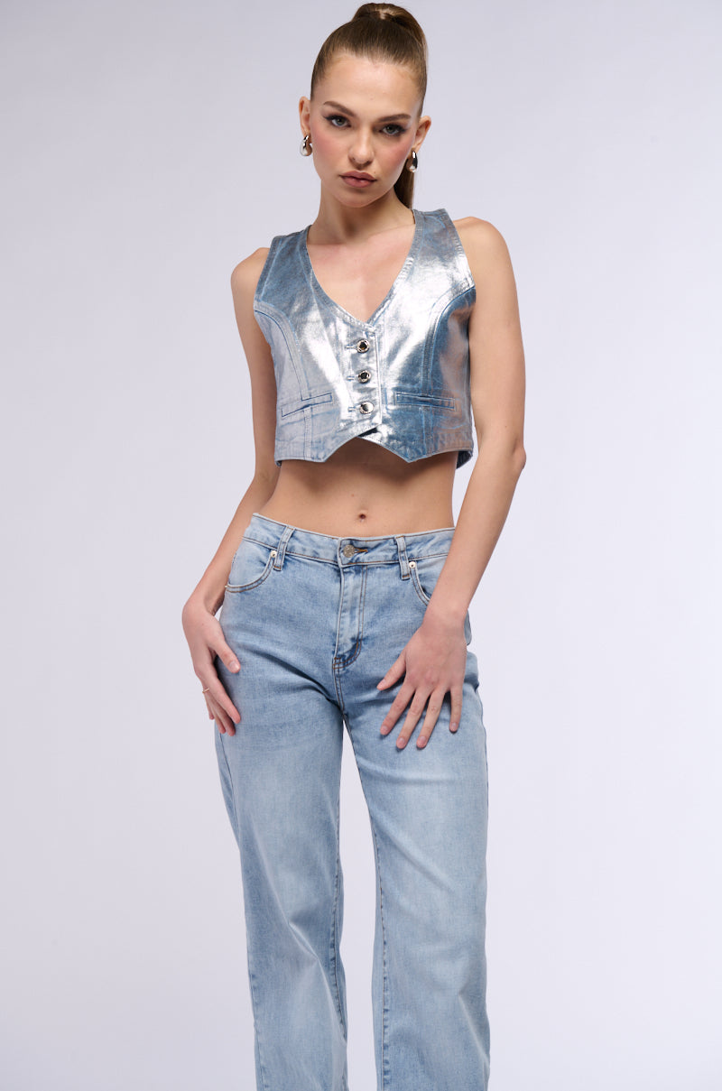 METALLIC DENIM CROP VEST