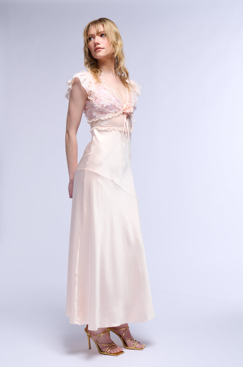 SAVING MYSELF FLOWER APPLIQUE LACE DETAIL SATIN MAXI DRESS