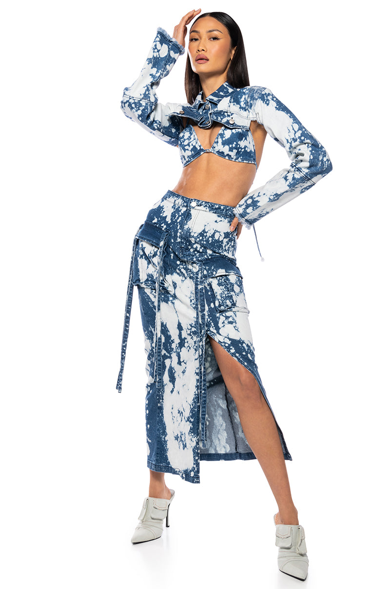 HEY NOW ACID WASH CARGO DENIM MAXI SKIRT