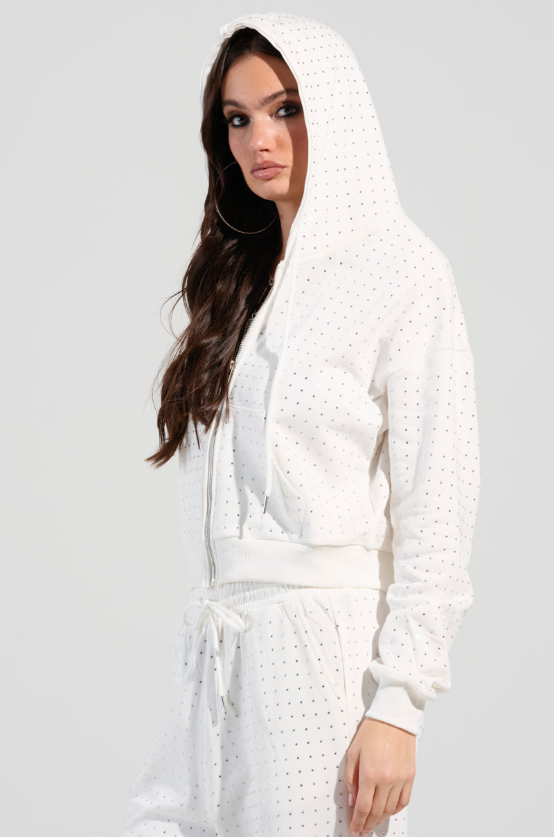 BUBBLES RHINESTONE EMBELLISHED ZIP UP SWEATSHIRT IN WHITE