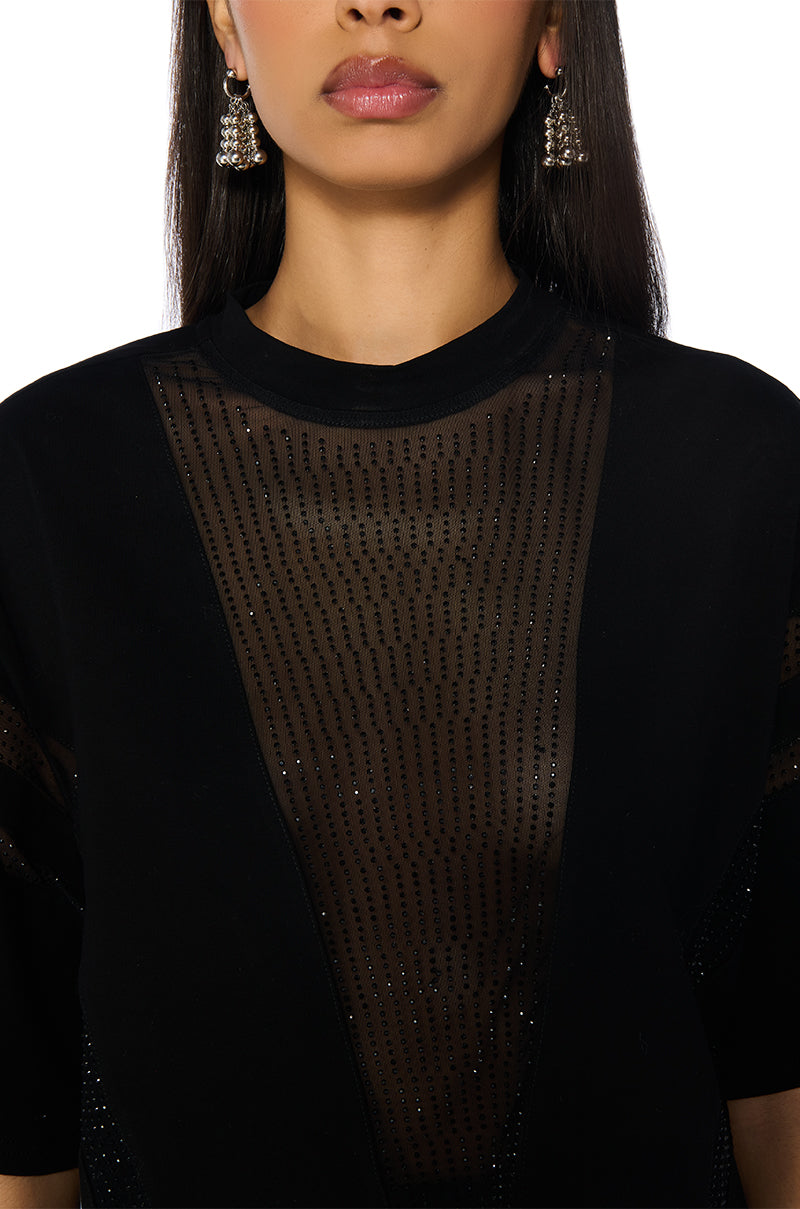 ALL STAR RHINESTONE MESH TSHIRT IN BLACK