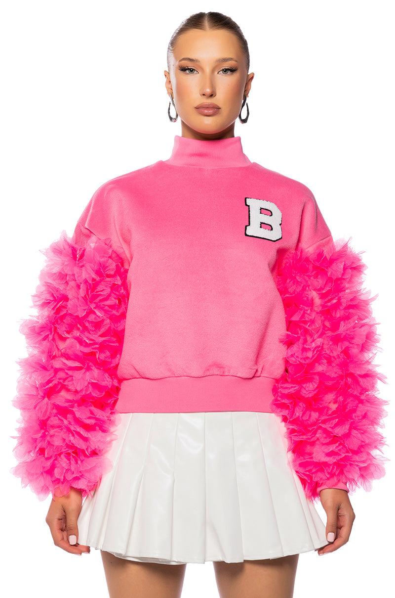 UPPER EAST SIDE PINK RUFFLE SLEEVE SWEATSHIRT