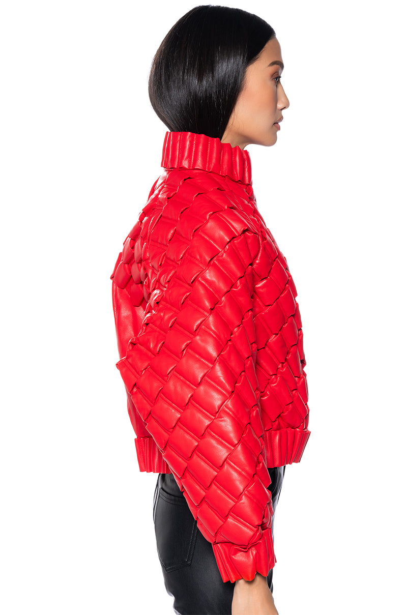 BIRTHDAY COLLECTION PU WEAVE PUFFER BOMBER IN RED