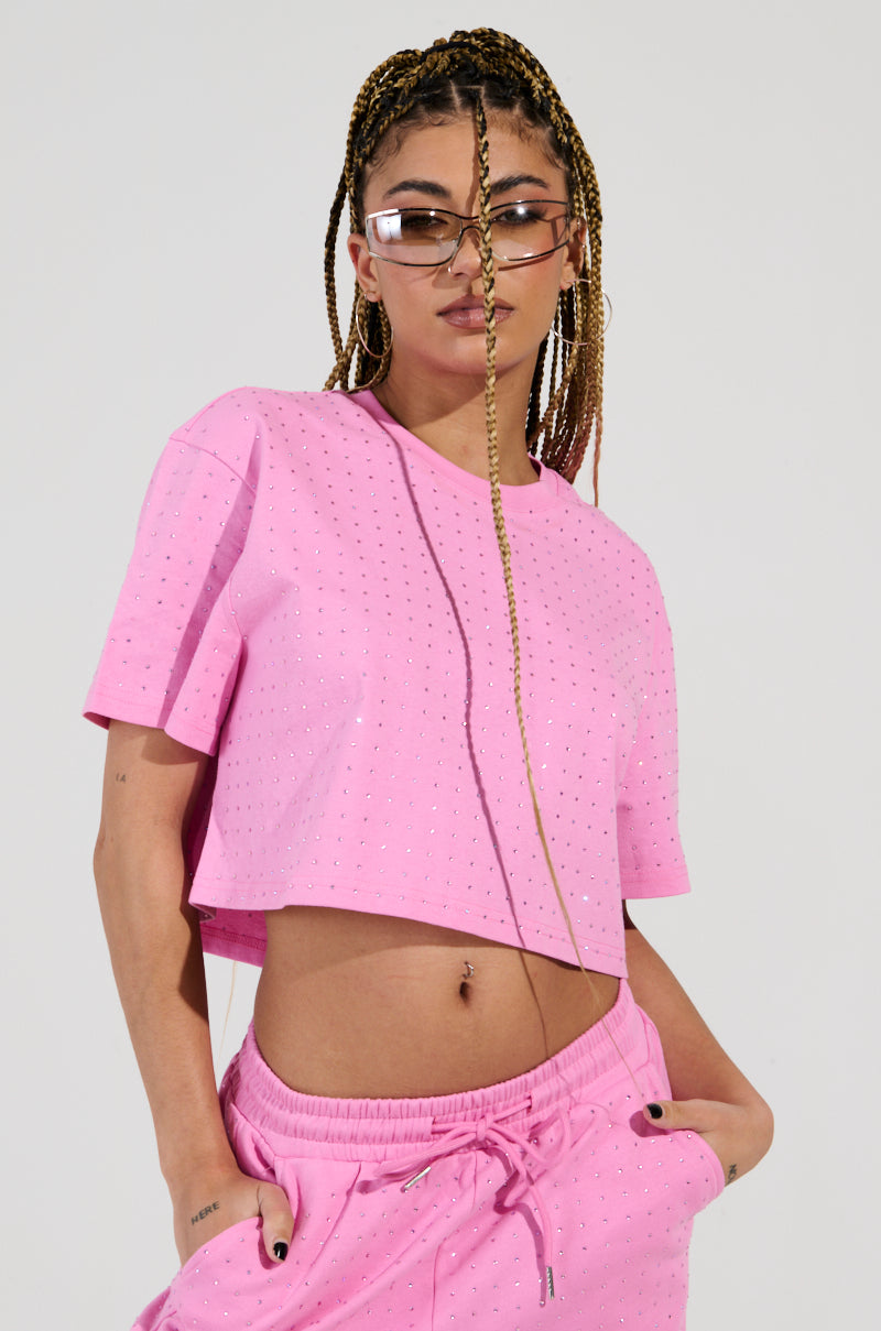 BLOSSOM RHINESTONE EMBELLISHED CROPPED T-SHIRT IN PINK