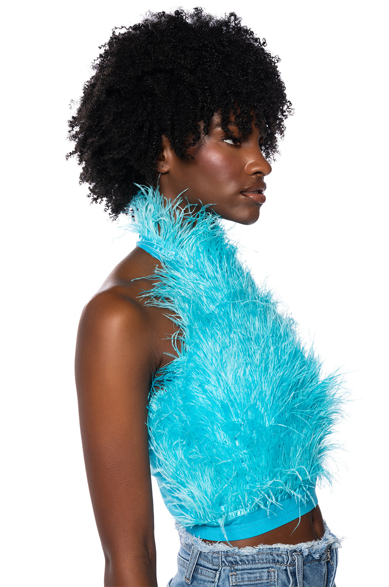 GENUINE OSTRICH FEATHER SLEEVELESS CROPPED HALTER BLOUSE IN BLUE