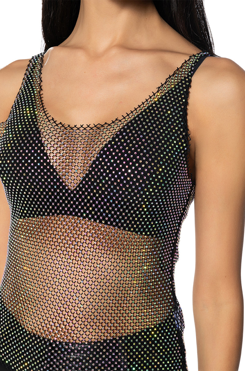 ANGEL SLEEVELESS RHINESTONE MESH TOP IN BLACK