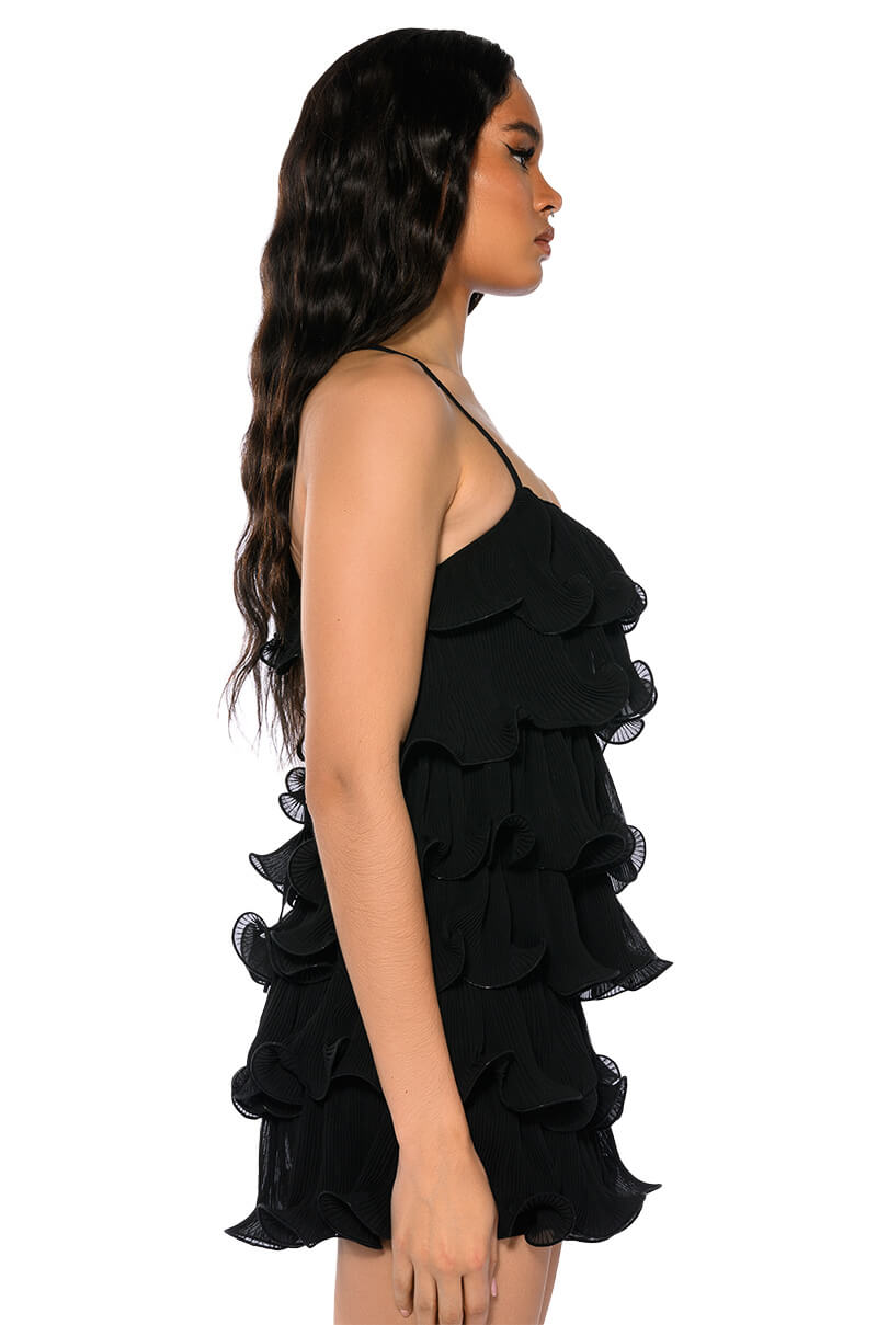 SWEETIE PLEATED RUFFLE SLEEVELESS MINI DRESS IN BLACK