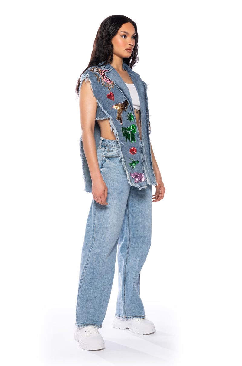 DENIM PATCHWORK SEQUIN VEST