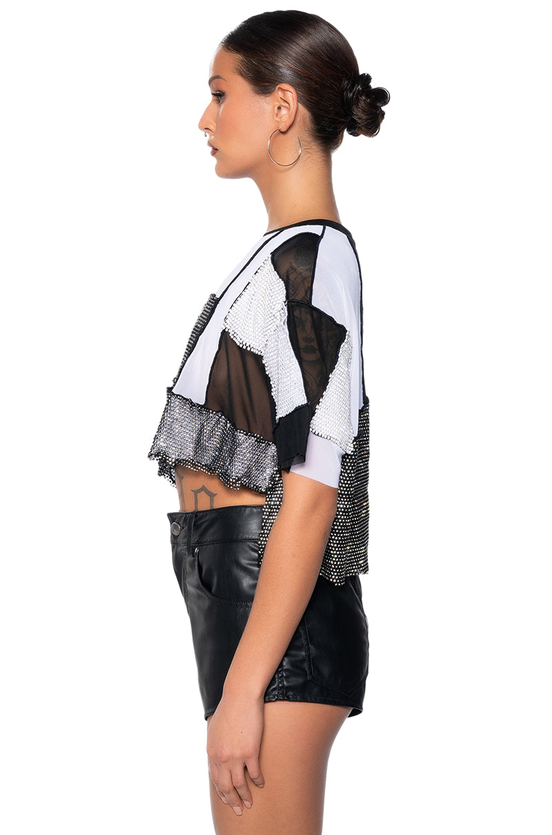 WHAT YOU WORKING WITH CROPPED RHINESTONE MESH TEE