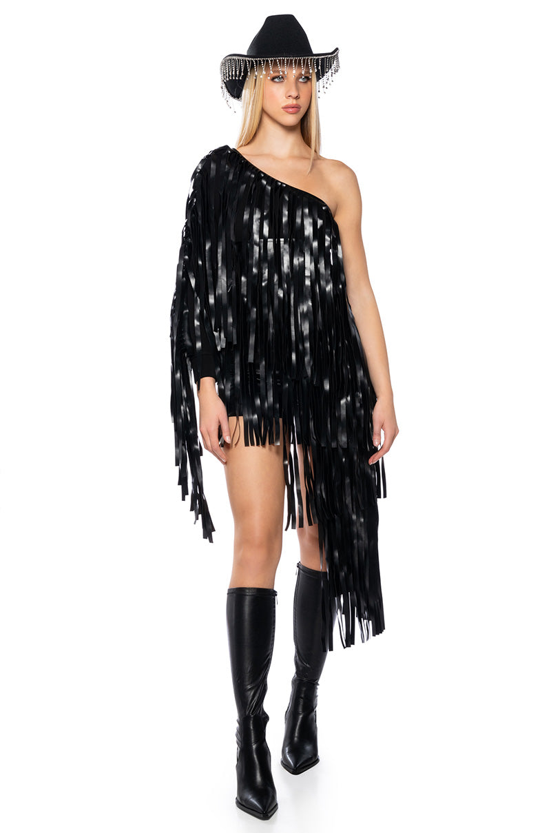 DESTINY PU FRINGE ONE SHOULDER TOP