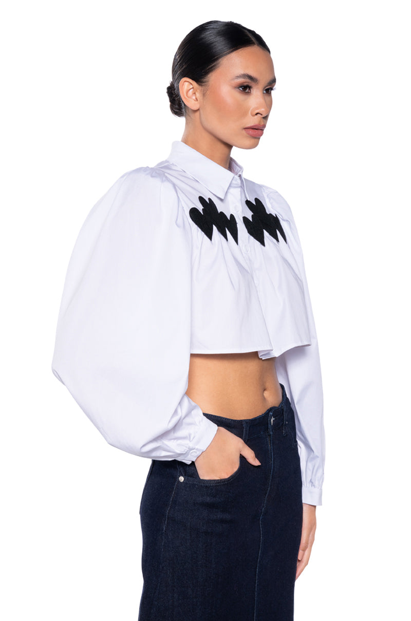 DOLL FACE PUFF SLEEVE CROP BUTTON DOWN