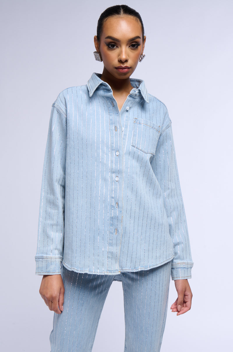 EFFORTLESS GLAM RHINESTONE STRIPE DENIM BUTTON DOWN