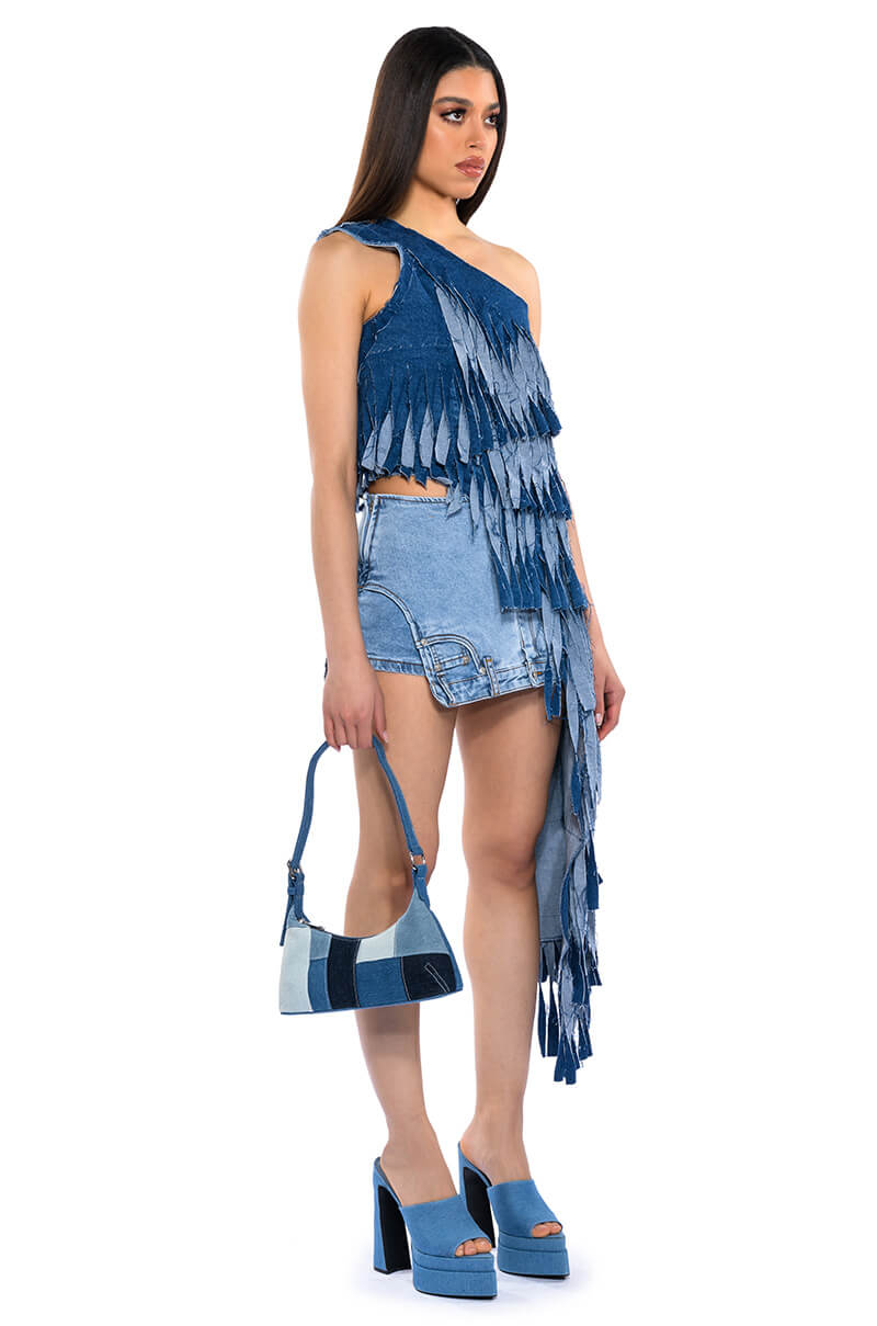 ITS THE REMIX ASYMMETRICAL DENIM MINI SKORT