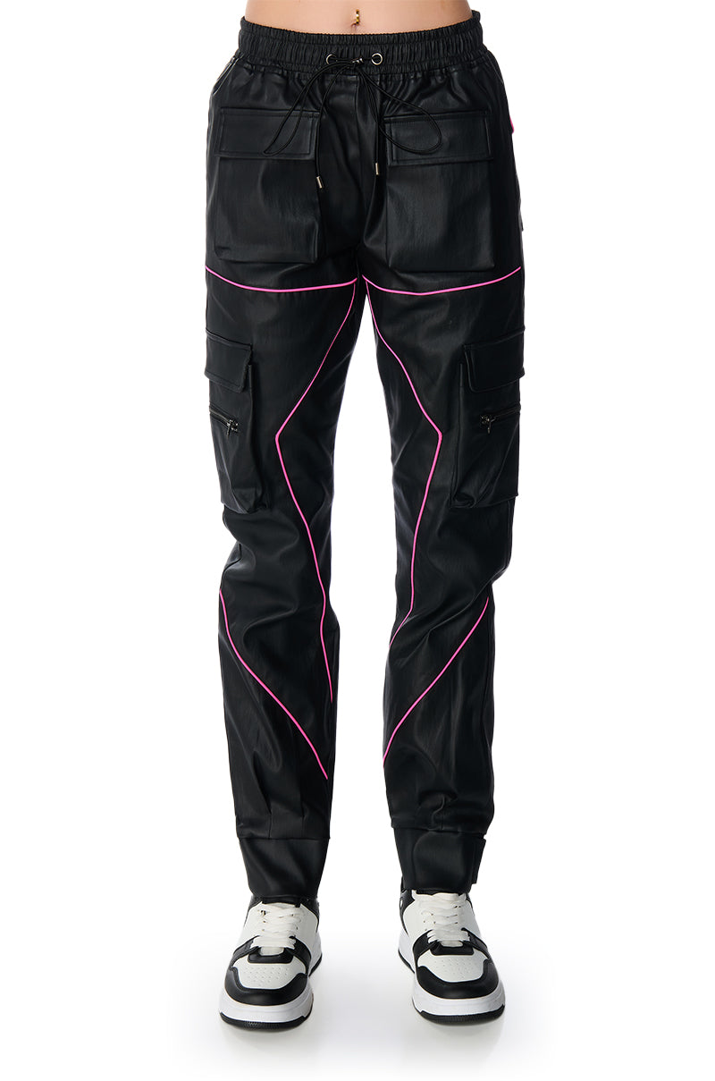 FAUX LEATHER JOGGER PANT WITH PINK PIPING