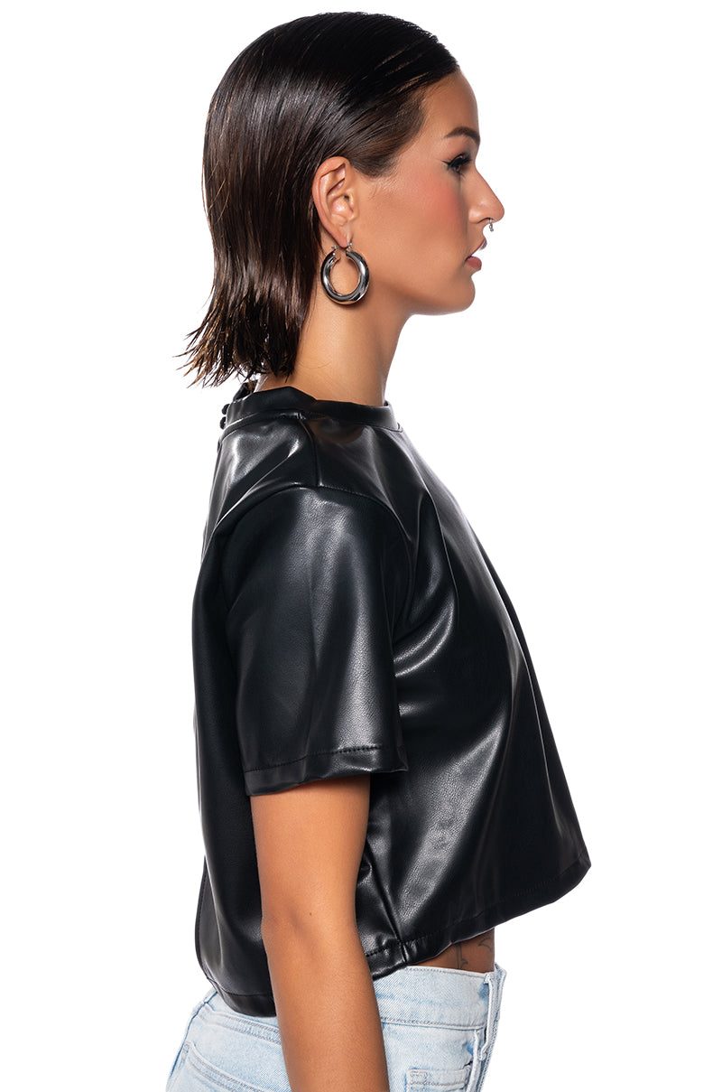 MY TYPE OPEN BACK FAUX LEATHER SHIRT