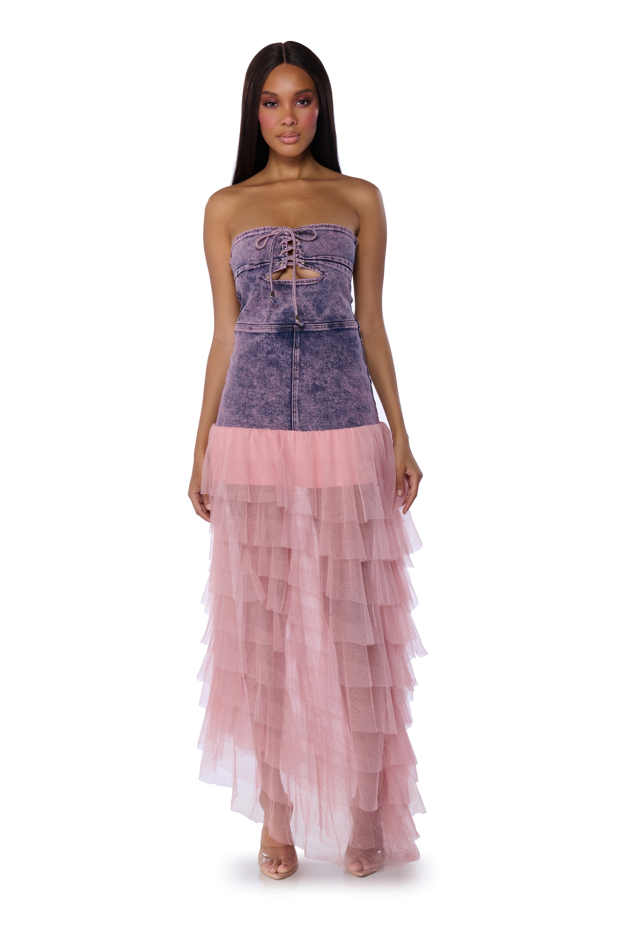 SHARPAY RUFFLE DENIM MAXI DRESS