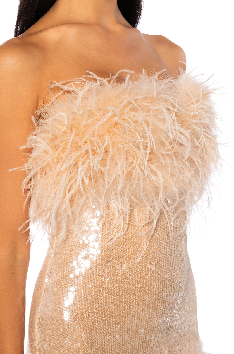 BON ANNIVERSAIRE FEATHER TRIM SEQUIN MINI DRESS