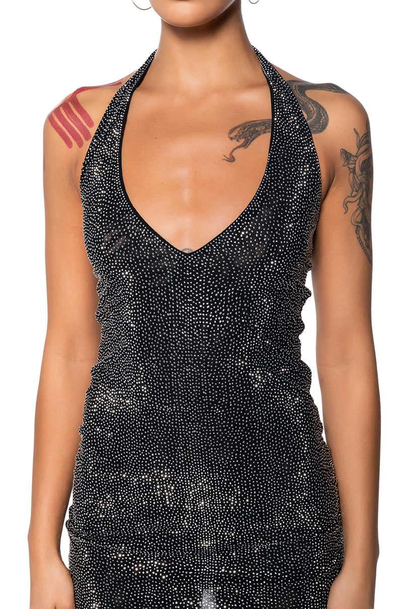 SHES GLOWING RHINESTONE MINI DRESS IN BLACK