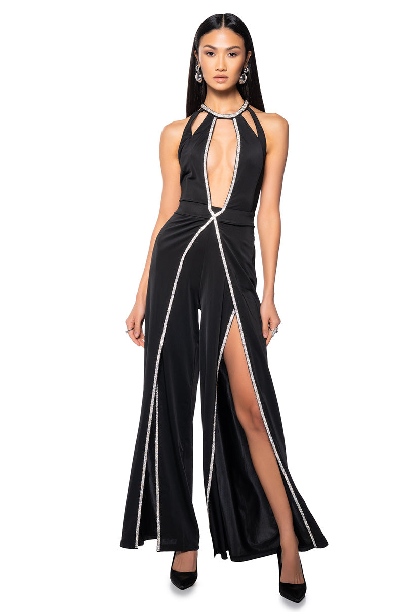 A LITTLE BIT OF CLASS RHINESTONE CUT OUT JUMPSUIT