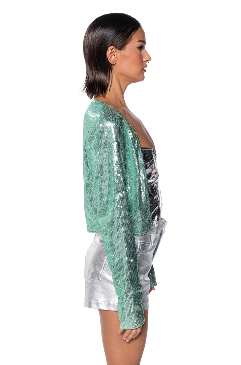 HOLIDAY SEASON SEQUIN COVER JACKET IN TEAL