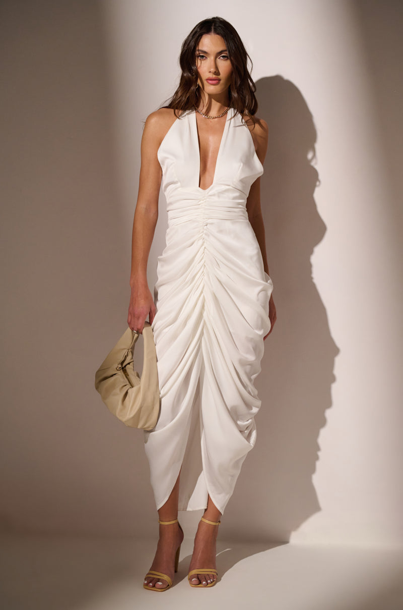 LOOK TWICE RUCHED MIDI DRESS IN WHITE