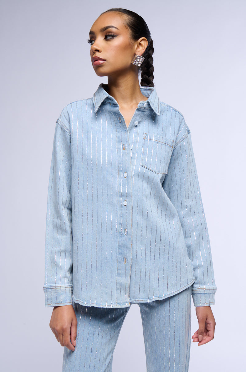 EFFORTLESS GLAM RHINESTONE STRIPE DENIM BUTTON DOWN