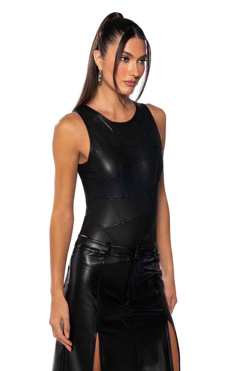 AMELIA FAUX LEATHER SLEEVELESS BODYSUIT