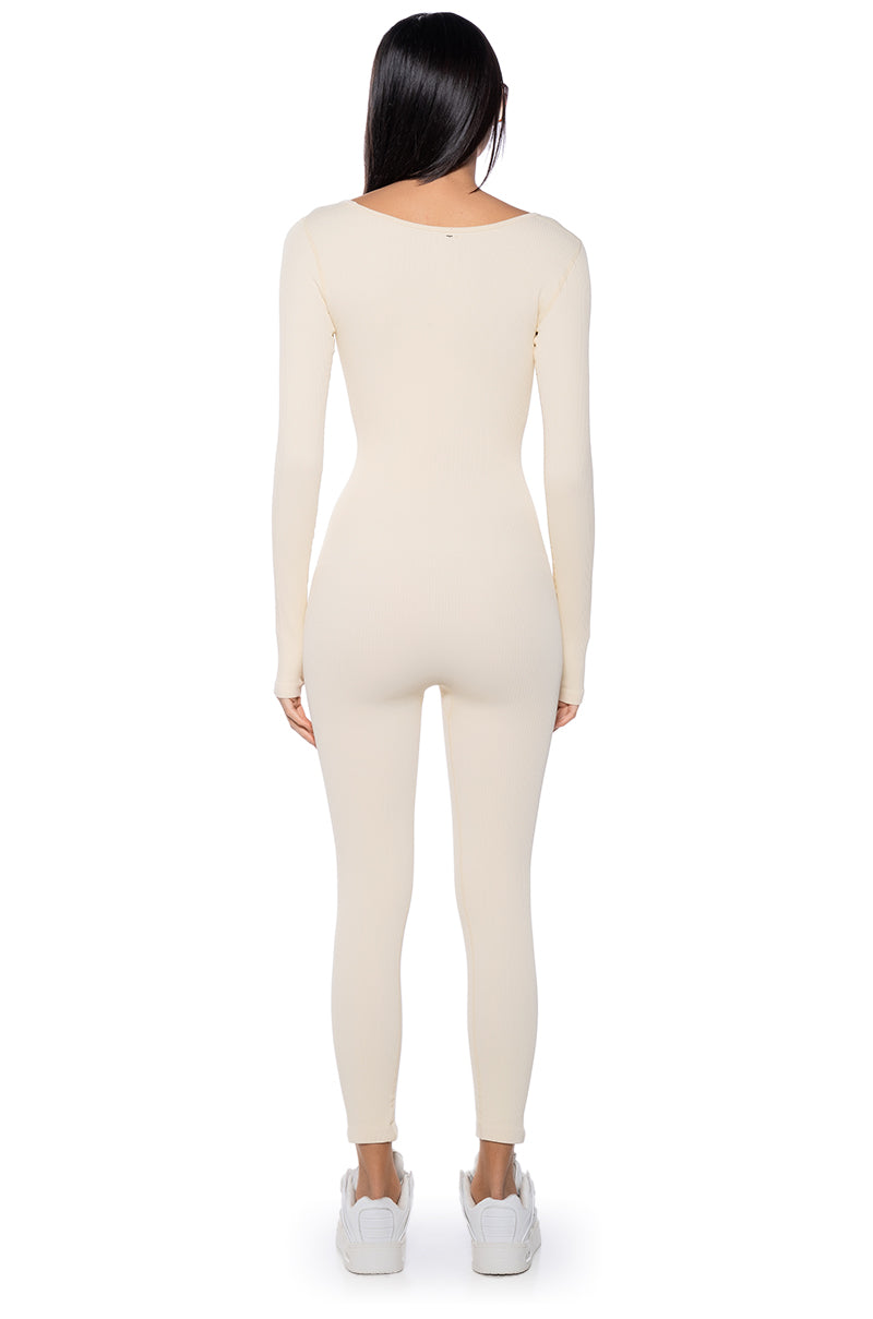 HOT GIRL WALK LONG SLEEVE CATSUIT IN CREAM