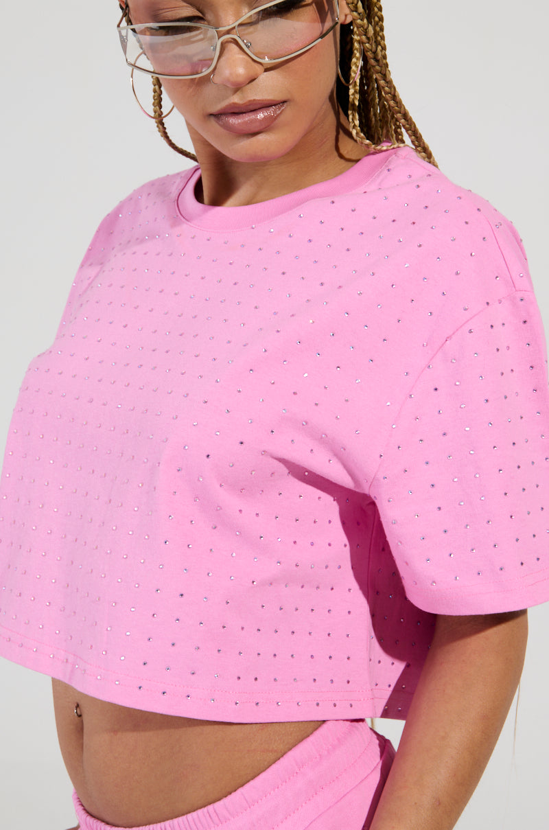 BLOSSOM RHINESTONE EMBELLISHED CROPPED T-SHIRT IN PINK