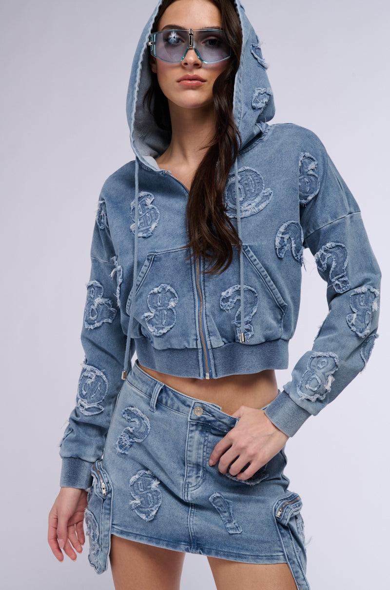 MONEY SIGNS DENIM FRONT ZIP SWEATSHIRT