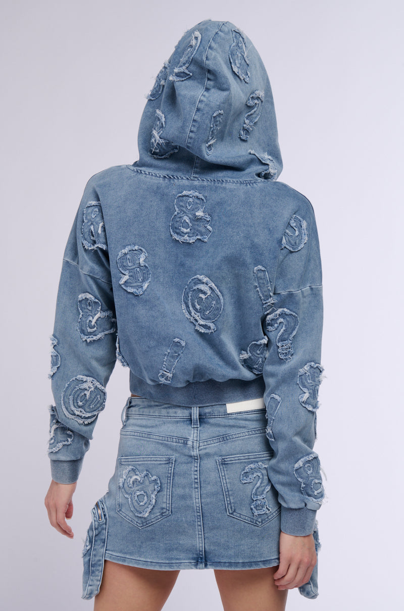 MONEY SIGNS DENIM FRONT ZIP SWEATSHIRT