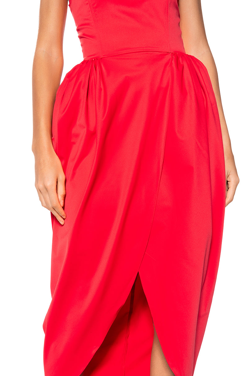 TULIP SKIRT SPAGHETTI STRAP MIDI DRESS IN RED