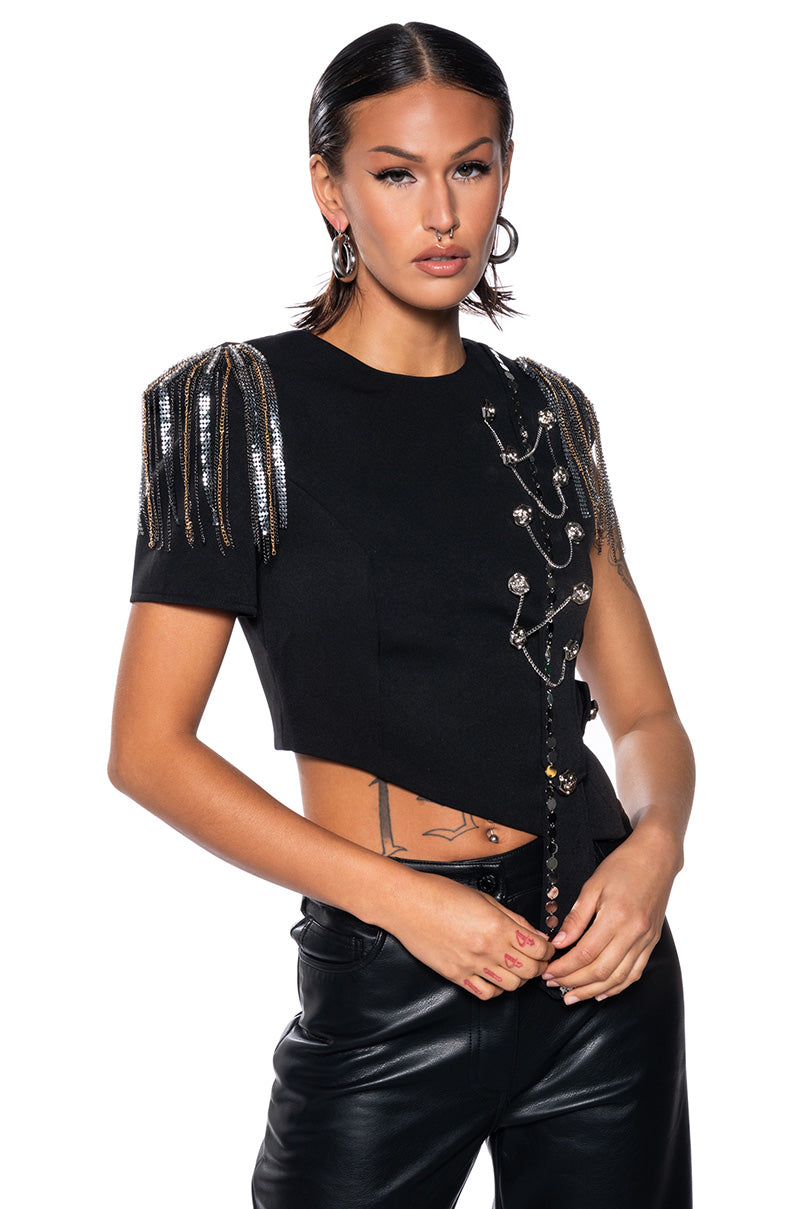 RUN THIS TOWN FRINGE SHOULDER DRAMATIC BLOUSE