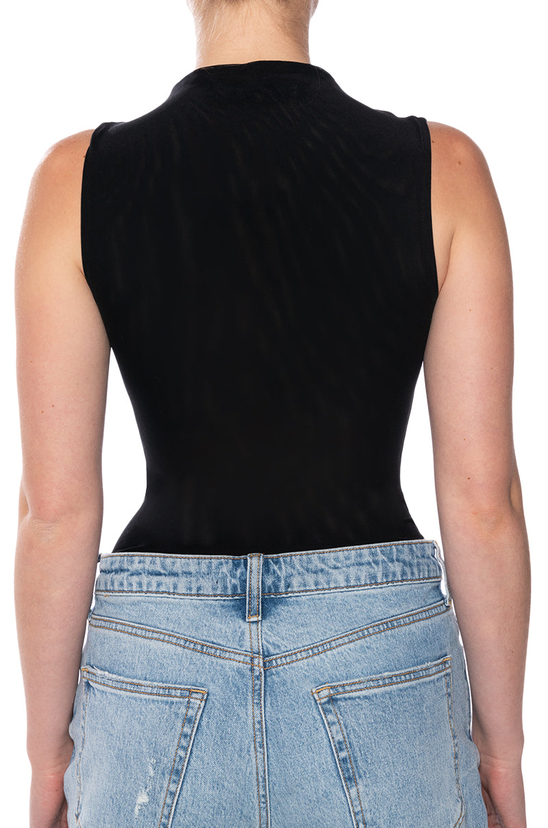 PAXTON SLEEVELESS MESH BODYSUIT IN BLACK