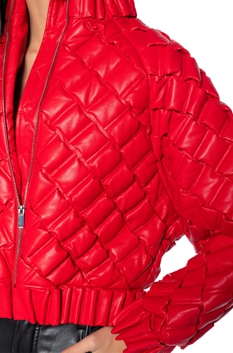 BIRTHDAY COLLECTION PU WEAVE PUFFER BOMBER IN RED