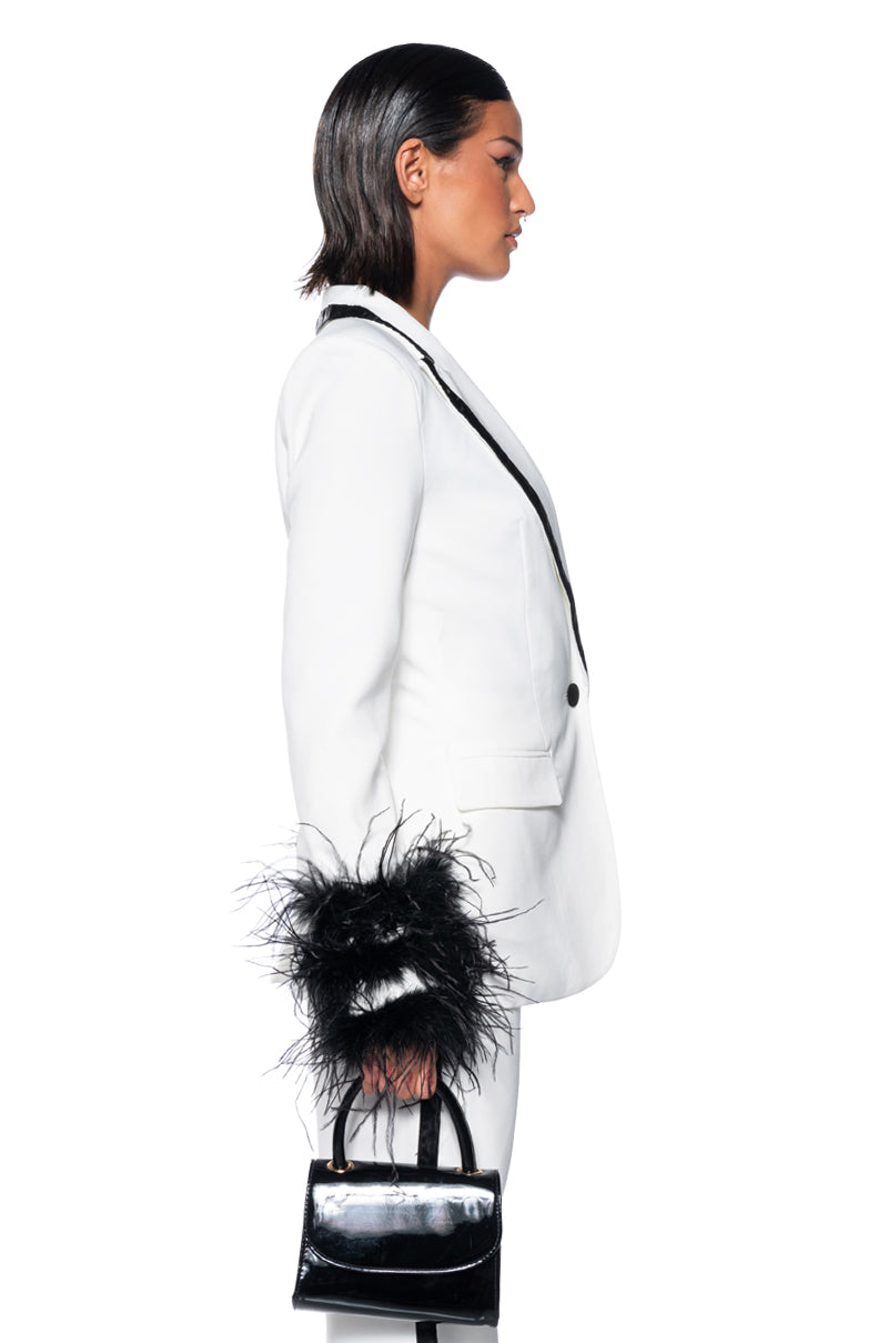 LANTIS WHITE BLAZER WITH FEATHER TRIM