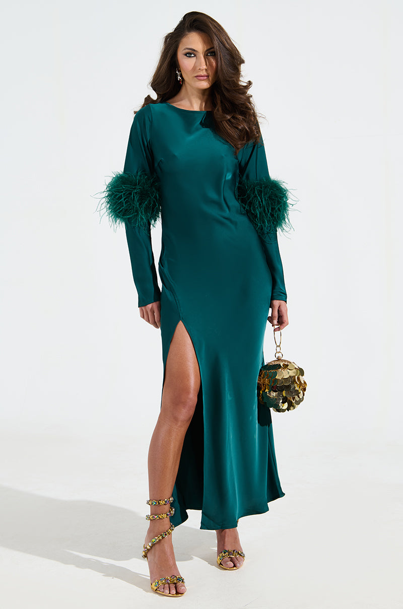 CARRIE FEATHER SLEEVE MAXI DRESS